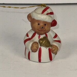 Vintage 1985 GIFTCO Teddy Bear Christmas‎ Ornament Red White Pajamas Bell